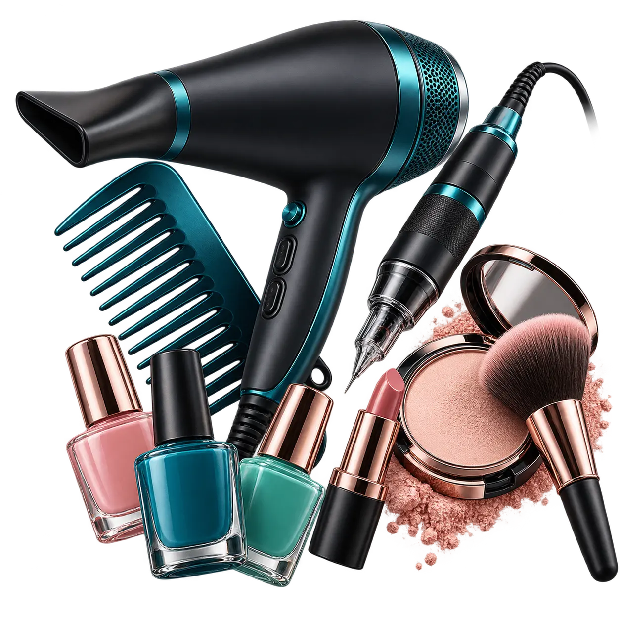 Secador de cabelo, pente, caneta de tattoo, maquiagens e esmaltes em composição 3D
